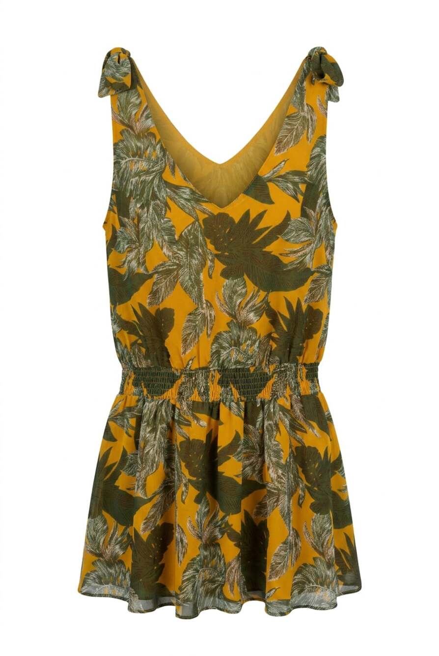 Anna Rae Women's Tropical Leaf Print Sleeveless V-Neck shirt
